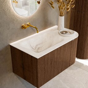 Mondiaz Kurve-dlux 85cm badmeubel ronding rechts walnut met 1 lade en deur en wastafel cloud links zonder kraangat frappe