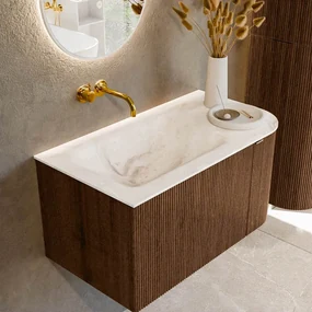 Mondiaz Kurve-dlux 85cm badmeubel ronding rechts walnut met 1 lade en deur en wastafel cloud links zonder kraangat frappe