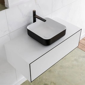 Zaro Lagom volledig naadloos solid surface onderkast met topblad 90cm mat zwart met 1 lades Push tot open. Compleet met solid surface opzetkom met 1 kraangat(en)