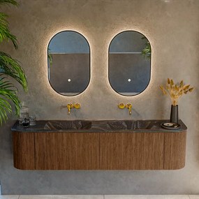 Mondiaz Kurve-dlux 180cm badmeubel ronding links/rechts walnut met 2 lades en deuren en wastafel leaf dubbel zonder kraangat lava