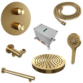 Brauer Stripe inbouw regendouche rond met 25cm hoofddouche, rechte muurarm en 3 standen handdouche set 40 messing geborsteld PVD