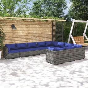 vidaXL 10-delige Loungeset met kussens poly rattan grijs