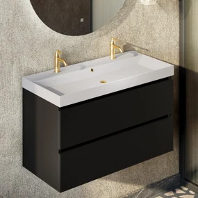 Fontana Kolo wastafelmeubel mat zwart 100cm glans witte wastafel 2 kraangaten