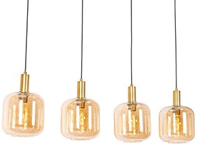 Design hanglamp zwart met messing en amber glas 4-lichts - Zuzanna