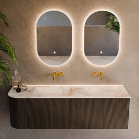 Mondiaz Kurve-dlux 145cm badmeubel ronding links shadow met 1 lade en deur en wastafel leaf dubbel/rechts zonder kraangat frappe
