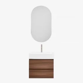 Badkamermeubelset Van Hout En Essenhoutfineer Met Geïntegreerde Wastafel Ona Donker Hout & Ovaal Met Opbergruimte Zwart 50x90 Cm Oricsa & Bruin -