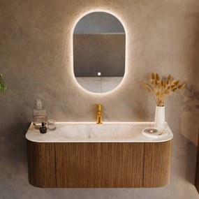 Mondiaz Kurve-dlux 120cm badmeubel ronding links/rechts dusk met 1 lade en 2 deuren en wastafel big small midden 1 kraangat frappe