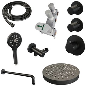 Brauer Stripe inbouw regendouche met 25cm hoofddouche, gebogen muurarm en 3 standen handdouche set 5 zwart mat