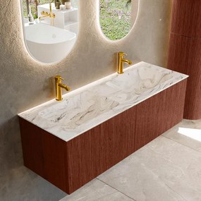 Mondiaz Kurve-dlux 130cm badmeubel ruby met 2 lades en wastafel leaf dubbel 2 kraangaten glace