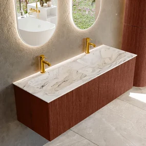 Mondiaz Kurve-dlux 130cm badmeubel ruby met 2 lades en wastafel leaf dubbel 2 kraangaten glace