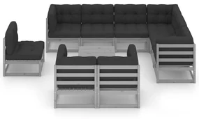 vidaXL 10-delige Loungeset met kussens massief grenenhout grijs