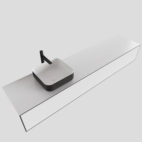 Zaro Lagom volledig naadloos solid surface onderkast met topblad 200cm mat zwart met 2 lades Push tot open. Compleet met solid surface opzetkom met 1 kraangat(en)