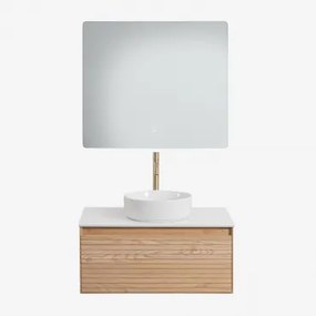 Tedrik Badkamermeubelset In Essenhout Ash Brown & Rond Keramiek Wit Ø40 Cm Lenka & Rechthoekige Led En Anticondens 80x70 Cm Gualar & Goud - Sklum