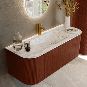 Mondiaz Kurve-dlux 120cm badmeubel ronding links/rechts ruby met 1 lade en 2 deuren en wastafel big small midden 1 kraangat glace
