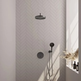 Brauer Stripe inbouw regendouche rond met 25cm hoofddouche, gebogen muurarm en 3 standen handdouche set 41 gunmetal geborsteld PVD