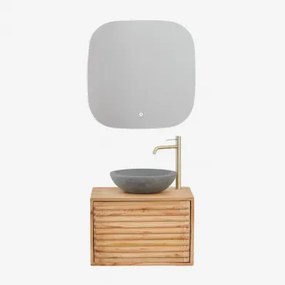 Deleyna Wandgemonteerde Houten Badkamermeubelset Natuurlijk Hout & Rond Grijs Cement Ø40 Cm Tarsis & Vierkant Led En Anticondens 75x75 Cm Tobie -
