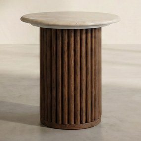 Dutchbone Arda Ronde Bijzettafel Travertin Walnoot - 35 X 35cm.