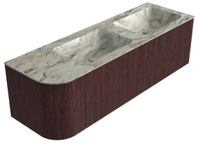 Mondiaz Kurve-dlux 145cm badmeubel ronding links ruby met 1 lade en deur en wastafel leaf dubbel/rechts zonder kraangat glace