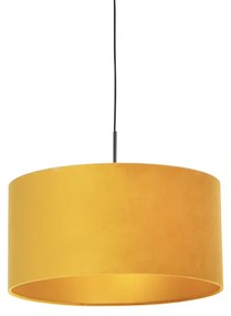 Stoffen Eettafel / Eetkamer Zwarte hanglamp met velours kap geel met goud 50 cm - Combi Landelijk / Rustiek E27 cilinder / rond rond Binnenverlichting Lamp