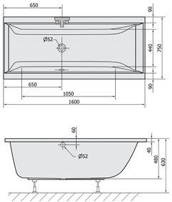 Polysan Cleo ligbad 160x75x48cm donkergrijs