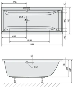 Polysan Cleo ligbad 160x75x48cm donkergrijs
