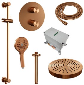 Brauer Stripe inbouw regendouche rond met 25cm hoofddouche, rond met plafondarm, glijstang en 3 standen handdouche set 48 koper geborsteld PVD