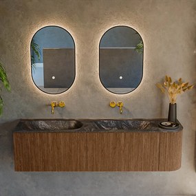 Mondiaz Kurve-dlux 165cm badmeubel ronding rechts walnut met 2 lades en 1 deur en wastafel stor small dubbel/links zonder kraangat lava