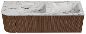 Mondiaz Kurve-dlux 145cm badmeubel ronding links walnut met 1 lade en deur en wastafel leaf dubbel/rechts zonder kraangat glace