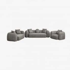 Zitkamer Set Met Modulaire 3-zitsbank, 2-zitsbank En Fauteuil In Coco Chenille Granietgrijs Dik Chenilledoek - Sklum