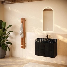 Muebles Murcia badmeubel ribbelfront 80cm zwart mat met Portoro Gold wastafel met kraangat