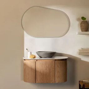 Carsone Hangend Badkamermeubelset Van Hout Natuurlijk Hout & Zonder Extra Eenheid & Rond Grijs Cement Ø40 Cm Tarsis & Ovaal Led En Anticondens - Sklum