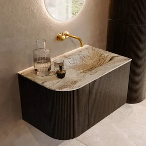 Mondiaz Kurve-dlux 75cm badmeubel ronding links shadow met 1 lade en deur en wastafel grunne rechts zonder kraangat glace