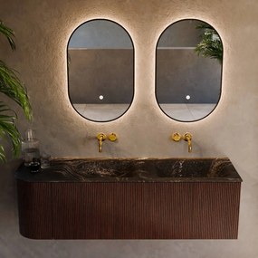 Mondiaz Kurve-dlux 145cm badmeubel ronding links ruby met 1 lade en deur en wastafel leaf dubbel/rechts zonder kraangat lava