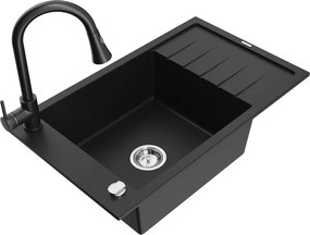 Mexen Elias granieten gootsteen 1-kompartment met afdruiprek en keukenmengkraan Elia, zwart - 6511-77-670101-70