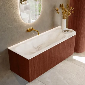 Mondiaz Kurve-dlux 125cm badmeubel ronding rechts ruby met 1 lade en deur en wastafel big medium links zonder kraangat frappe