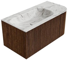 Mondiaz Kurve-dlux 95cm badmeubel ronding rechts walnut met 1 lade en deur en wastafel big small links zonder kraangat glace