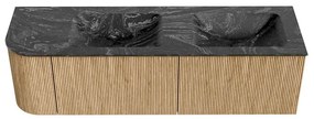 Mondiaz Kurve-dlux 155cm badmeubel ronding links oak met 2 lades en 1 deur en wastafel leaf dubbel/rechts 2 kraangaten lava