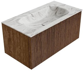 Mondiaz Kurve-dlux 90cm badmeubel walnut met 1 lade en wastafel big small midden zonder kraangat glace