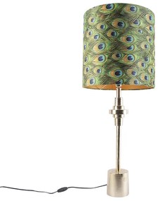 Art Deco tafellamp goud velours kap pauw dessin 40 cm - Diverso Art Deco E27 cilinder / rond Binnenverlichting Lamp