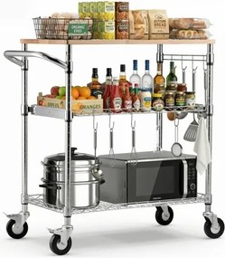 VEVOR 3-laags keukentrolley, robuuste serveerwagen tot 300 kg, rolwagen met in hoogte verstelbare draadplanken, handgreep en werkblad, metalen plank op wielen voor keuken en garage, 762 x 457 x 914 mm