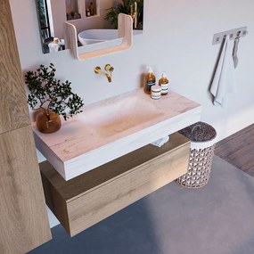 Mondiaz Alan DLux badmeubel 100cm washed oak 1 lade met wastafel ostra midden zonder kraangat