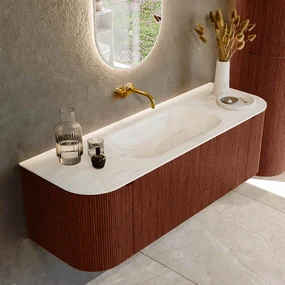Mondiaz Kurve-dlux 140cm badmeubel ronding links/rechts ruby met 1 lade en 2 deuren en wastafel big small midden zonder kraangat ostra