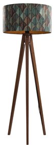 Vloerlamp walnoot hout met velours lampenkap blad dessin 50cm - Tripod Classic Klassiek / Antiek, Landelijk E27 rond Binnenverlichting Lamp