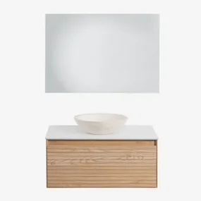 Tedrik Badkamermeubelset In Essenhout Ash Brown & Rond Cement Wit Ø40 Cm Zavion & Rechthoekige Led En Anticondens 100x70 Cm Tamsin & Zonder Kraan -