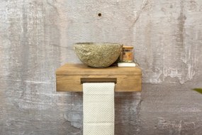 Saniclear Seba fontein met bruin eiken plank en rivierstenen waskom voor in het toilet