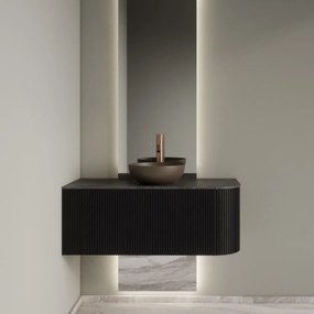 Gliss Design Alluro badmeubel ribbelfront met ronding rechts 100cm black en zwart leisteen toppaneel