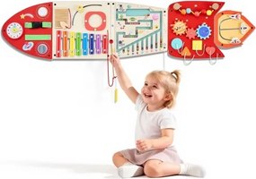VEVOR Montessori Busy Board 13-in-1 Sensorisch Wandactiviteitenbord Raket, Motorisch Speelgoed voor Educatie &amp; Vroege Ontwikkeling voor Kinderdagverblijf en Thuis, gemaakt van MDF-platen, met xylofoon, klok, tandwielen en leerelementen