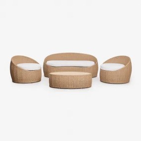 Tuinset Met 3-zitsbank, 2 Fauteuils En Salontafel Van Acaciahout En Synthetisch Riet Clarnyx Natuurlijk - Sklum