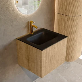 Mondiaz Kurve 50cm badmeubel oak met 1 lade en wastafel grunne midden 1 kraangat urban