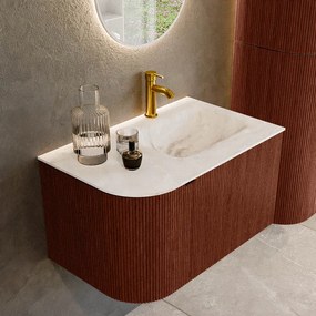 Mondiaz Kurve-dlux 75cm badmeubel ronding links ruby met 1 lade en deur en wastafel grunne kraangat rechts frappe